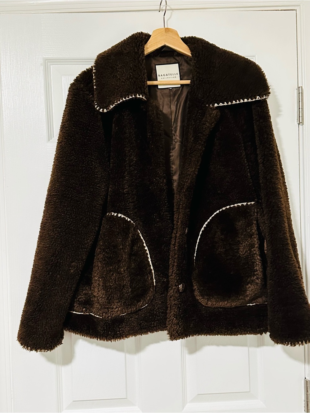 bagatelle Dark Brown Faux Shearling Teddy Jacket with Contrast Trim